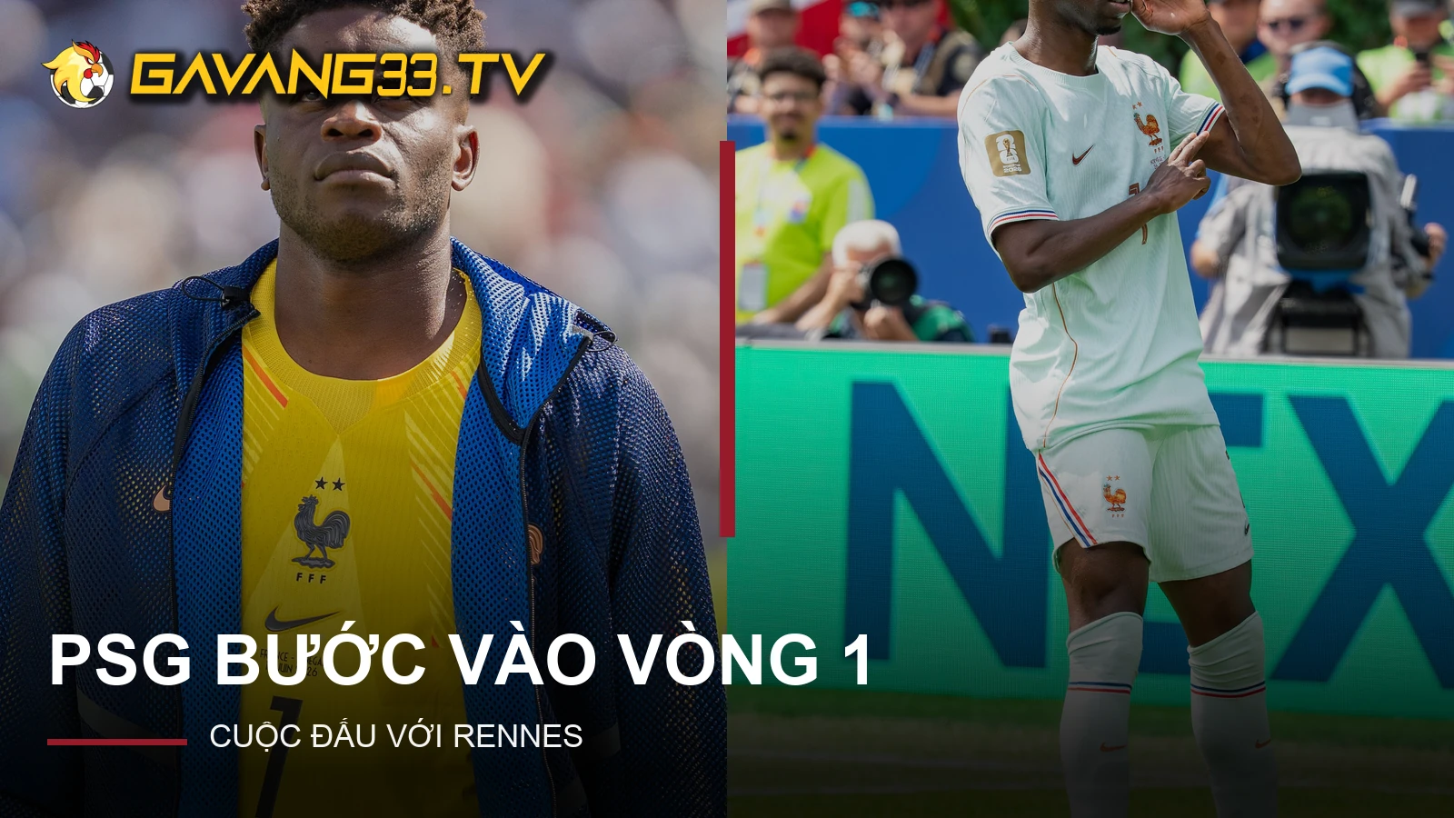 Brice Samba và Ousmane Dembélé minh họa trận Rennes vs PSG, có logo GavangTV
